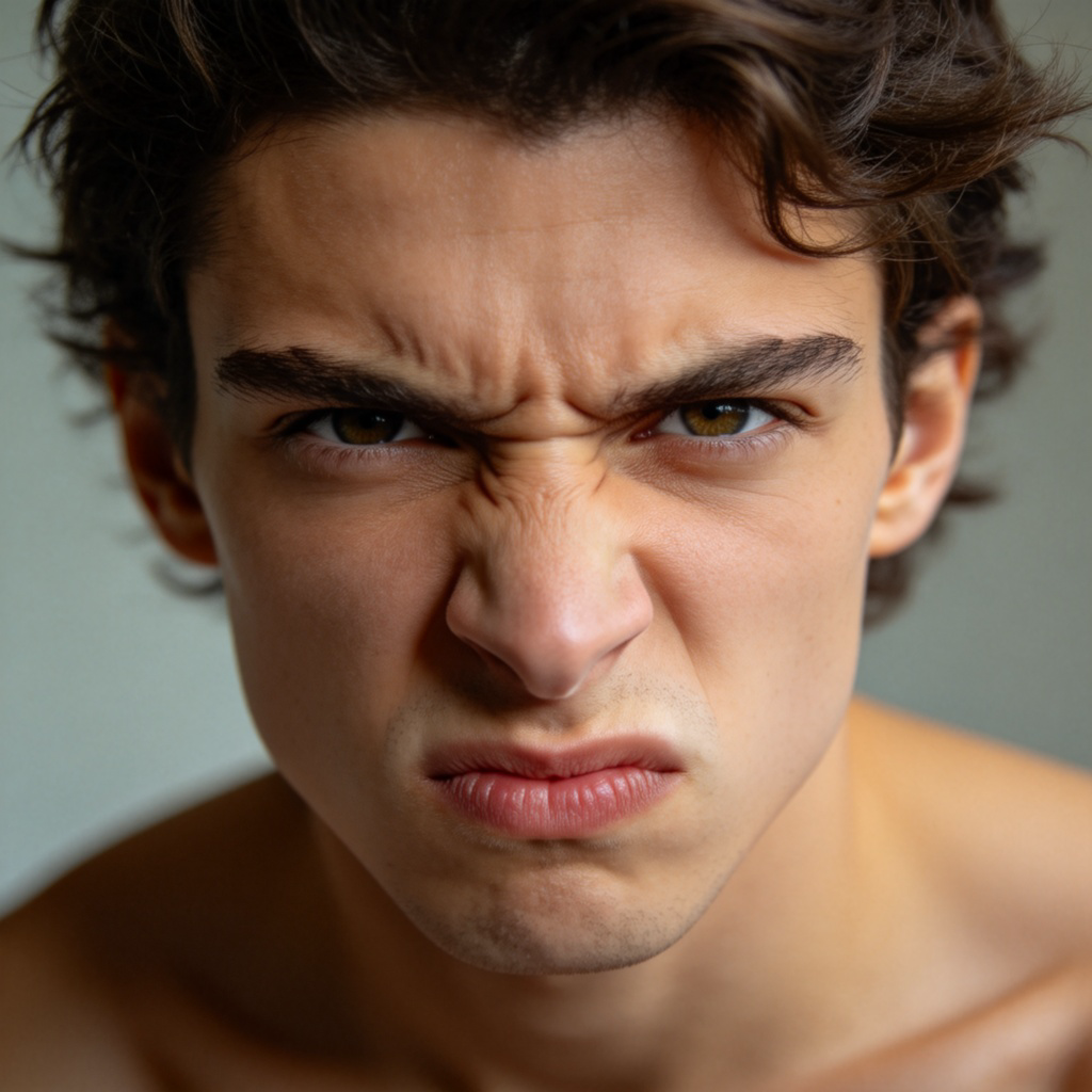 A person is shaking their head firmly with a serious, determined expression, clearly saying "no" to an unseen suggestion. The background is plain and blurry, focusing entirely on their face and upper body, showing a strong sense of opposition. Realistic photo style, clear lighting. No text.