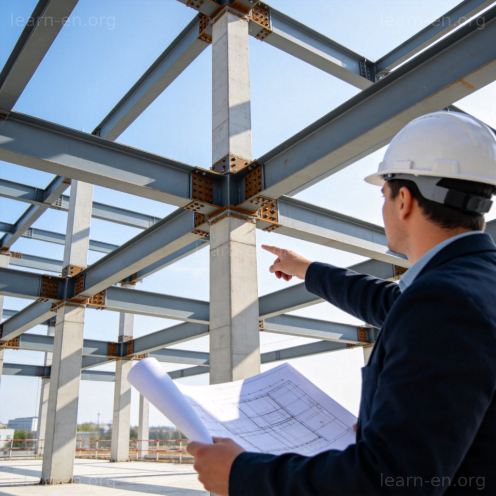 structural 结构含义图解：工程师查看建筑钢架蓝图