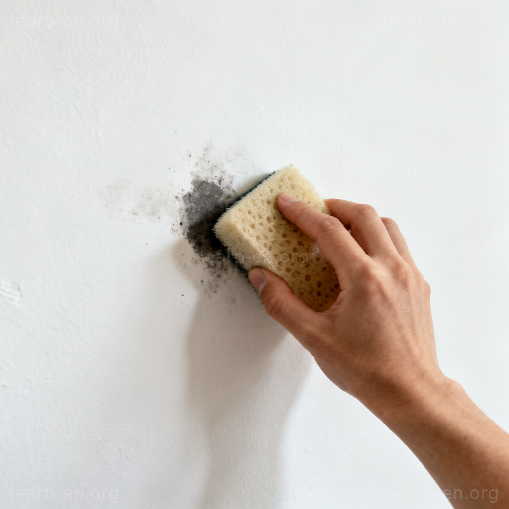 Stubborn stain being scrubbed on a white wall