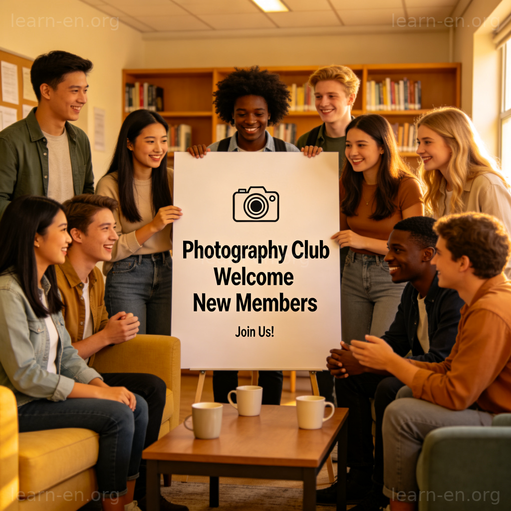 Student Club 图解：学生在公共休息室围绕摄影社海报讨论的场景