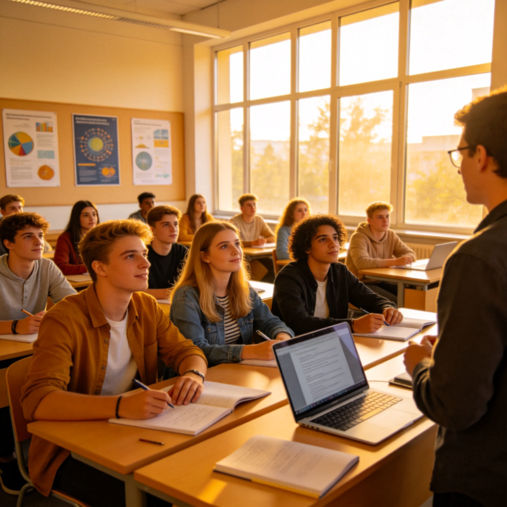 A diverse group of young people, in casual clothing, sitting at desks in a bright modern university classroom. They are looking at a teacher or a projector screen, some taking notes on laptops or notebooks. The focus is on their engaged and attentive faces, with educational posters on the walls. Natural lighting from large windows.