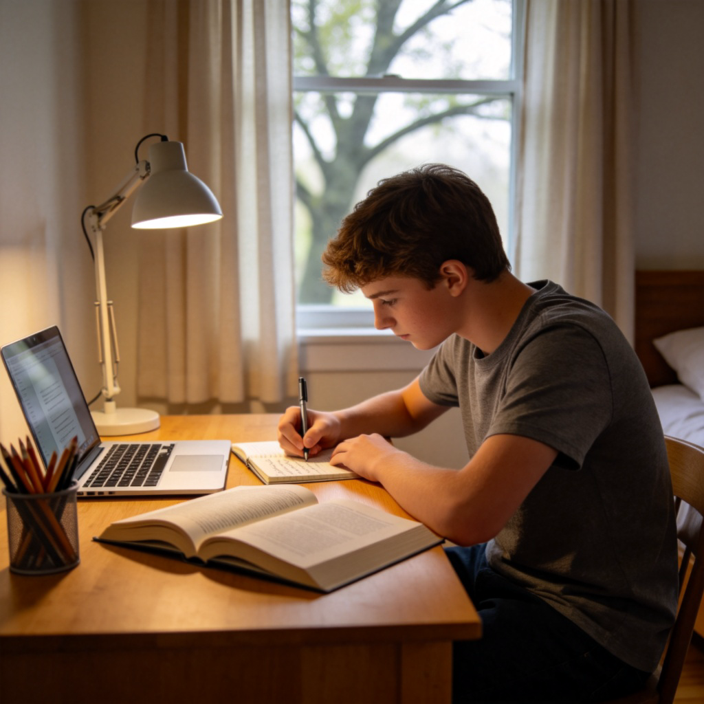 A focused teenage student sitting at a desk in a bedroom, with an open textbook and a laptop in front of them. They are writing notes in a notebook with a pen. Natural daylight from a window. The scene is calm and focused on the act of learning. No text.