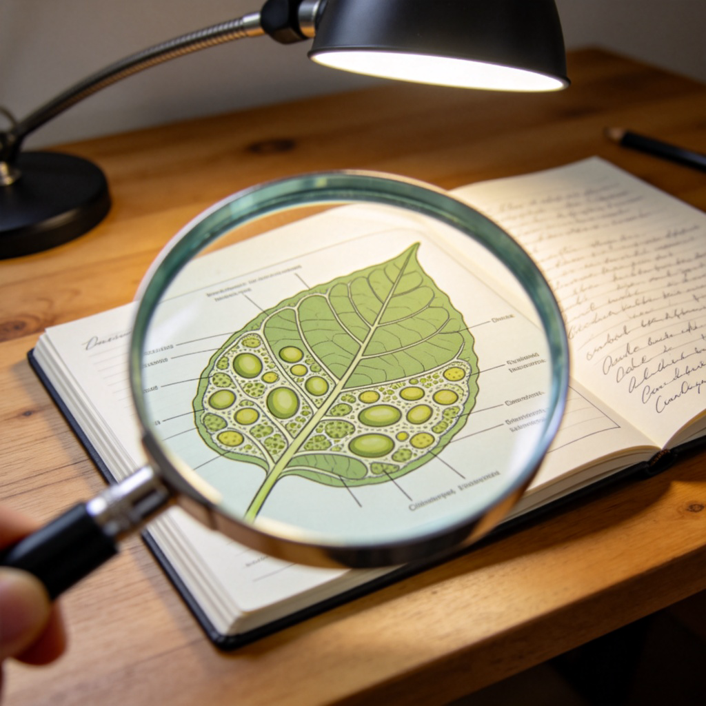 A close-up view of a magnifying glass hovering over a detailed scientific diagram of a leaf's structure, placed on a wooden desk next to a notebook with handwritten notes. The focus is on the act of detailed examination and analysis. No text.