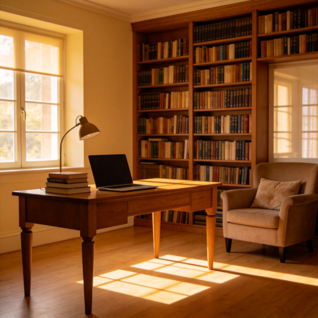 A cozy, well-lit home study room. The central focus is a sturdy wooden desk with a laptop and a stack of books on it. In the background, a floor-to-ceiling bookshelf filled with books is visible. A comfortable armchair is in one corner. The atmosphere is peaceful and scholarly. No text.