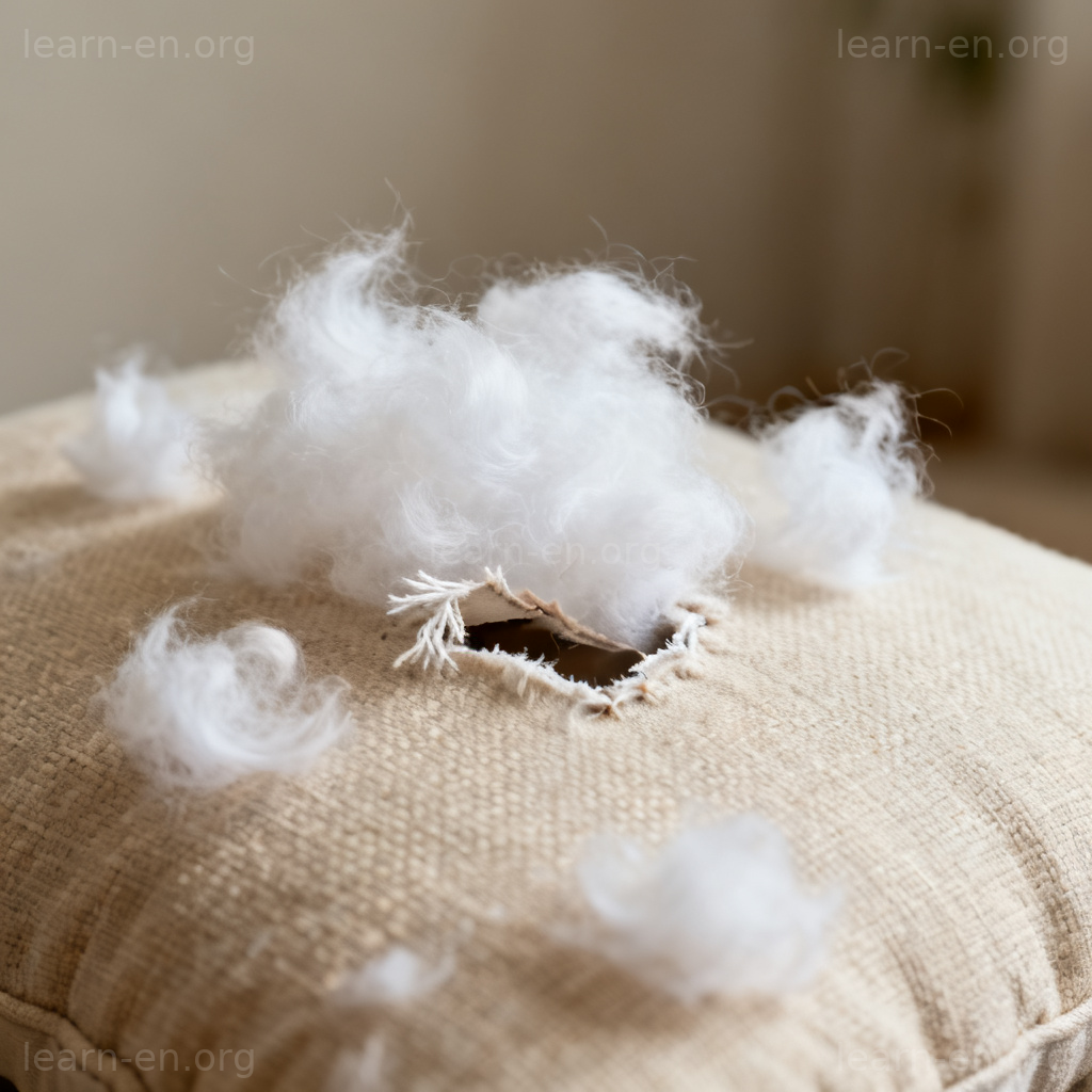 Stuff as soft filling material spilling out from a torn fabric cushion.