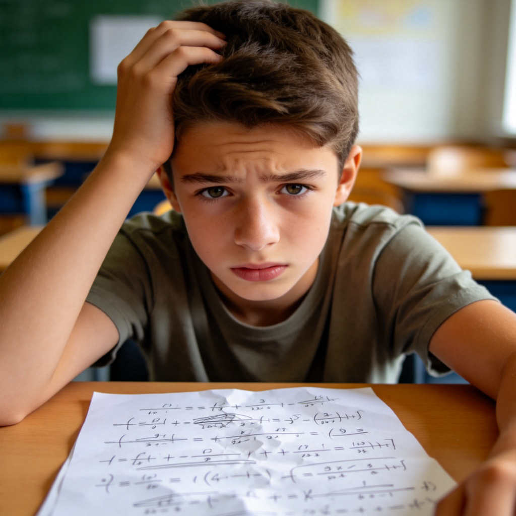 A young student sitting at a desk, scratching their head and looking confused at a page full of complicated mathematical equations. The student's expression shows frustration and a lack of understanding. The setting is a bright, modern classroom. Close-up on the face and the paper. No text.
