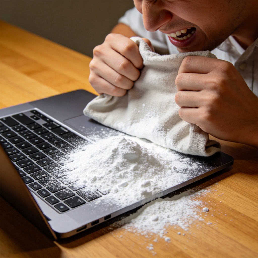 A close-up shot of a person's hands, looking frustrated as they hold a cloth over a laptop keyboard with a large white milk stain. The background is a simple wooden desk. The focus is on the spill and the person's reaction, conveying a sense of an avoidable, silly accident. No text.