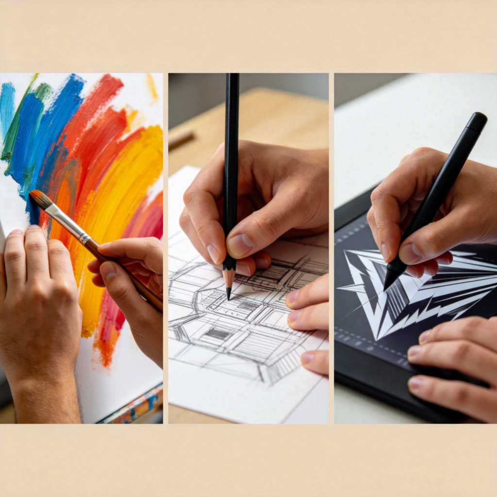 A photorealistic collage of different artists working on the same subject: one painting in bold, abstract strokes, one drawing with precise, detailed lines, and one creating a digital graphic. Each section shows hands and tools in action, highlighting the contrast in their approaches. Neutral background. No text.