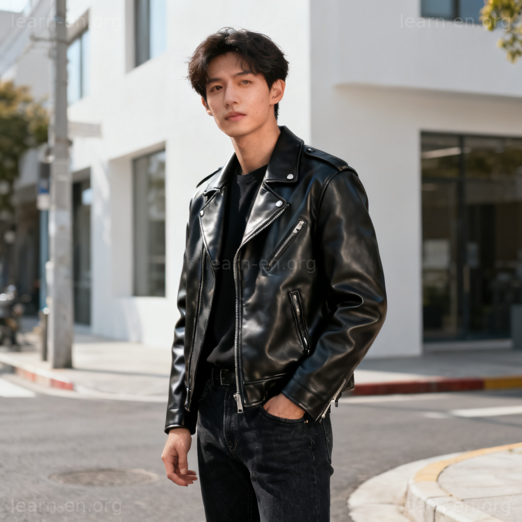 stylish person wearing trendy leather jacket on urban street