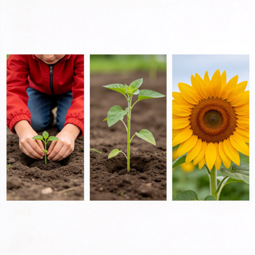 A photo series split into three distinct panels, showing a clear sequence. The first panel shows a child planting a small seedling in soil. The second panel shows the same spot months later with a growing plant. The third and final panel shows a vibrant sunflower in full bloom, clearly the outcome of the first action. The panels are arranged from left to right on a clean, white background.