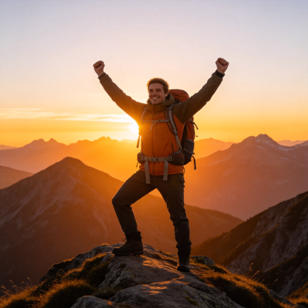 A person standing on top of a mountain, arms raised in a victory pose, with a beautiful sunrise in the background. The person wears a backpack and hiking clothes, showing they reached the summit after a climb. Clear, bright outdoor lighting. The focus is on the person's expression of joy and accomplishment. No text.