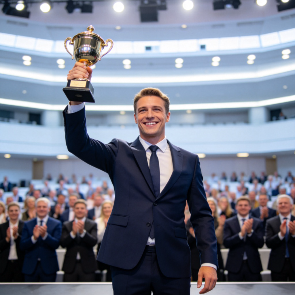 A smiling man in a smart suit standing on a stage, holding up a trophy or a medal. He looks proud and happy. The audience behind him is clapping. The scene is in a bright, modern auditorium. Clear, sharp focus on the man and his achievement.