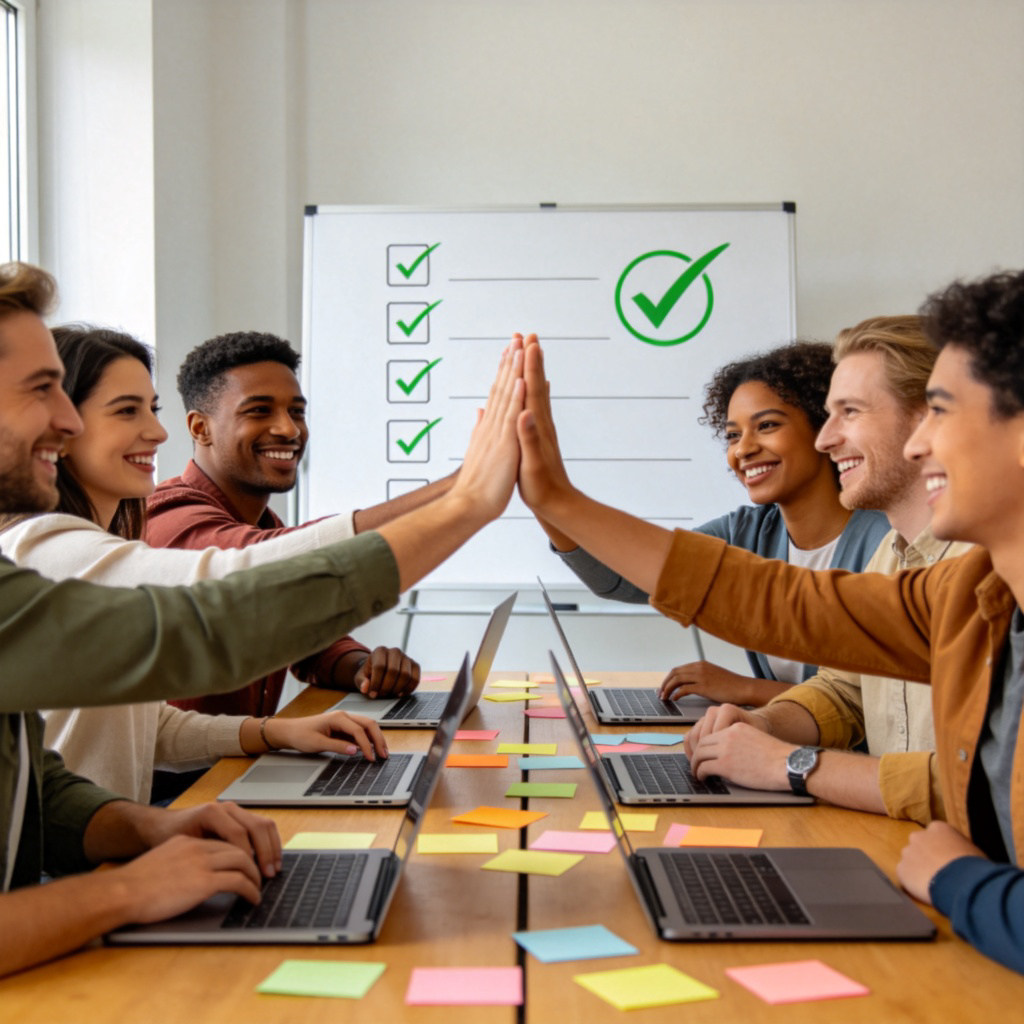A group of diverse people around a conference table, smiling and giving each other high-fives. Laptops and notes are on the table, and a whiteboard in the background has a big checkmark next to a list of goals. The atmosphere is bright and collaborative.