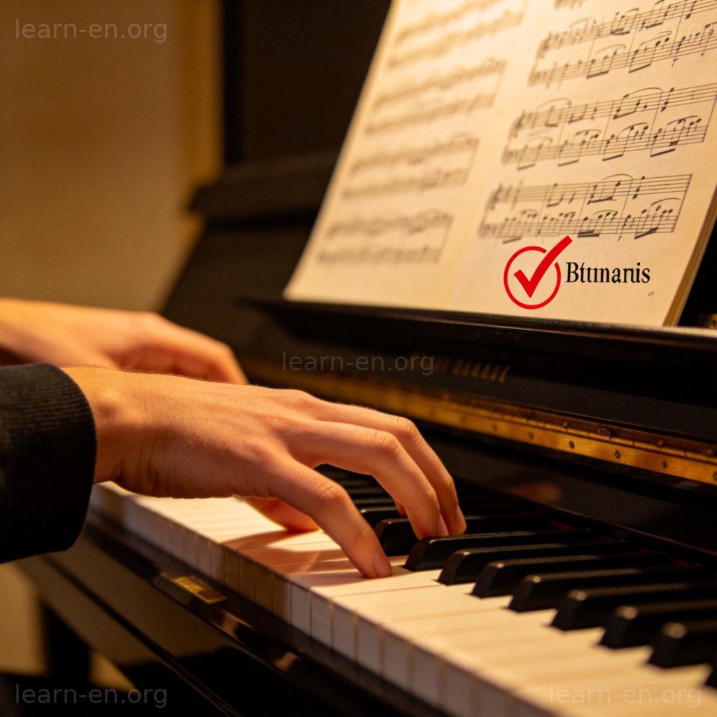 successfully 成功场景图解：弹奏钢琴完成曲目，乐谱上打勾