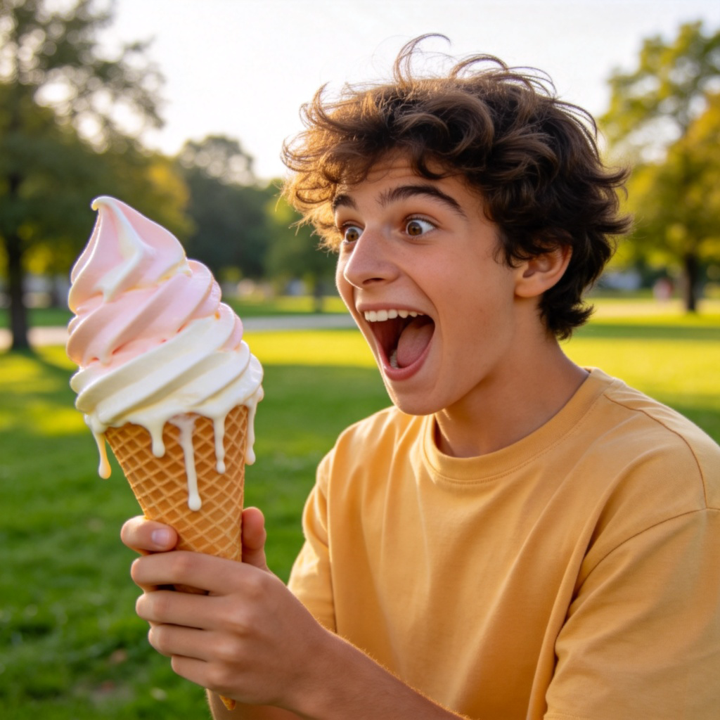 A young person with a wide, amazed smile, holding an oversized ice cream cone that is dripping. They are looking at the ice cream with exaggerated surprise and happiness. Bright, cheerful background, simple setting like a park.