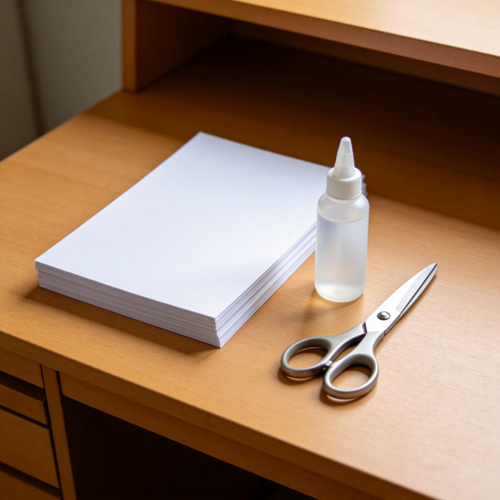 A neatly arranged collection of common school stationery on a wooden desk: a stack of white paper, a bottle of clear glue, and a pair of safety scissors. The items are clearly separated and well-lit against the plain desk surface.
