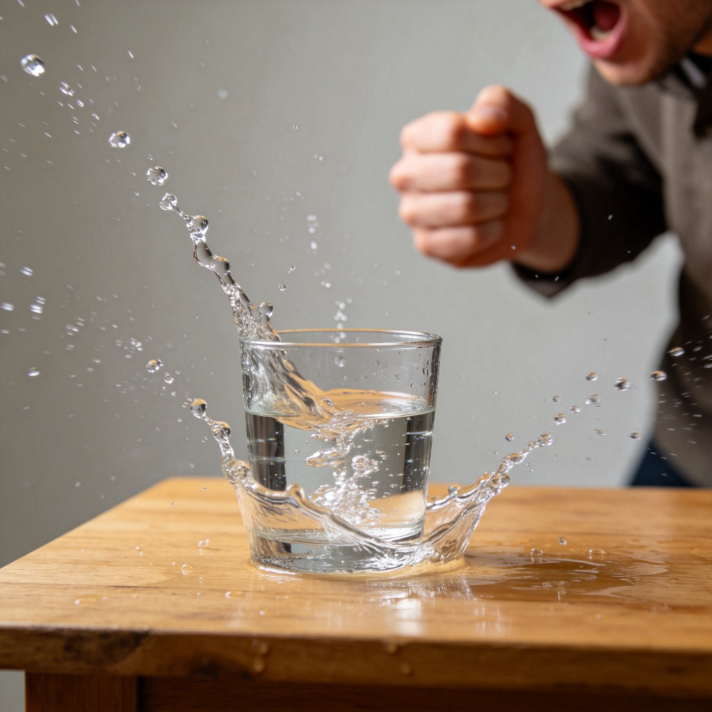 A close-up, dynamic shot of a full glass of water being accidentally knocked over on a wooden table. The water is frozen in mid-air as it splashes out, with droplets captured sharply. A person's hand is just pulling back in surprise. Plain background, natural lighting, conveying a sense of an unexpected moment. No text or logos.