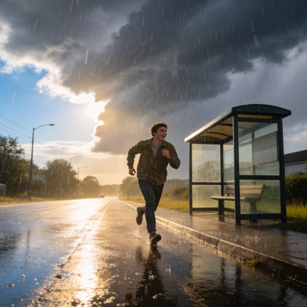 A person walking calmly on a sunny street, smiling. Suddenly, dark clouds gather rapidly in the sky and heavy rain starts pouring down. The person's expression changes to surprise, and they begin running towards a bus stop for shelter. Realistic photography style, focus on the sudden shift from sunny to rainy weather and the person's reaction. No text or logos.