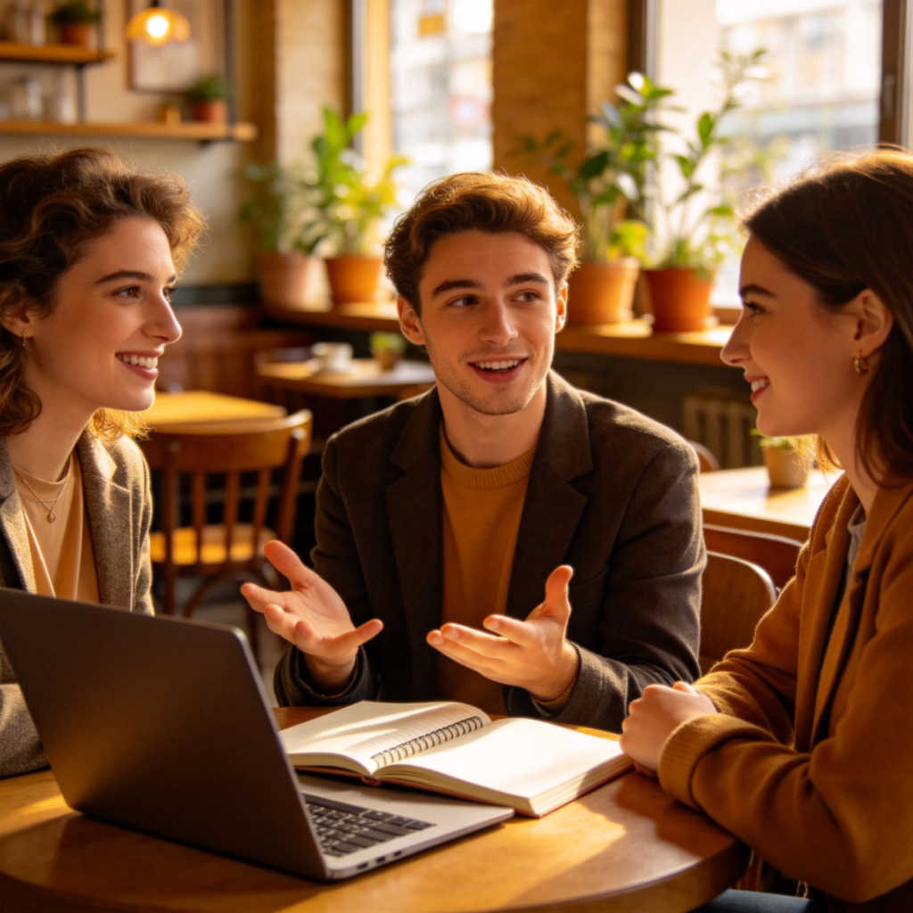 A friendly group of three people sitting around a table with a notebook and laptop open, brainstorming. One person is speaking with open hands, as if offering an idea. The others are listening and nodding. Natural light in a cozy cafe or modern office. Focus on the conversational interaction.