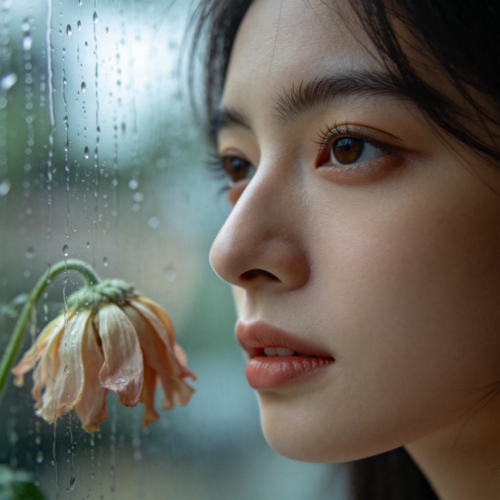 A close-up shot of a person's face in soft focus, looking slightly off-camera with a thoughtful or knowing expression. In the background, a soft-focus image of rain on a window or a fading flower, creating a mood of subtle emotion or unspoken thought. The lighting is soft and atmospheric.