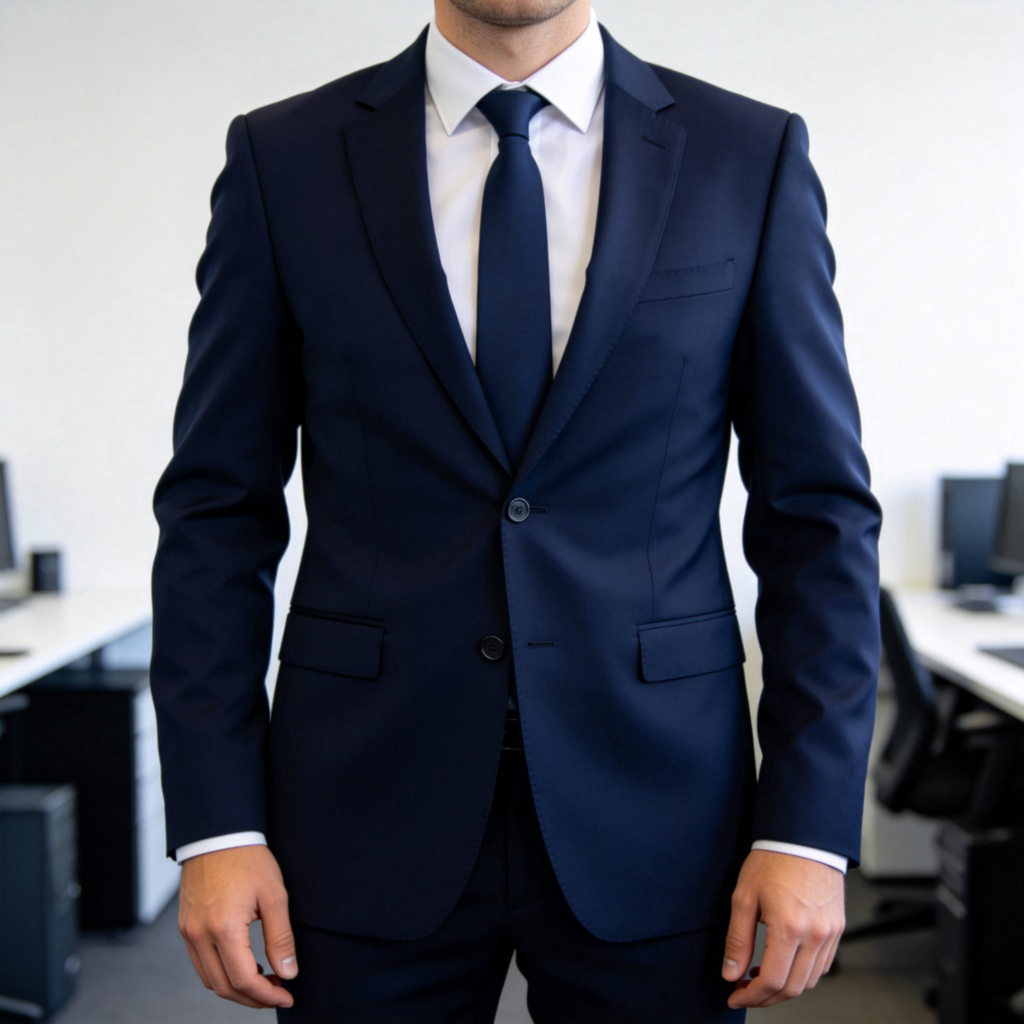 A person, from the waist up, wearing a complete dark navy suit with a white dress shirt underneath. The suit jacket is buttoned, and the tie is neatly knotted. The person stands confidently against a plain office background. Natural lighting, realistic style.