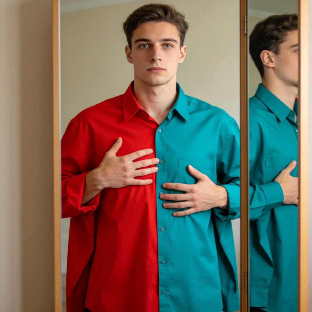 A person trying on two shirts in front of a mirror. One shirt is a bright color that looks jarring, and the other is a complementary color that looks harmonious and flattering. Focus on the contrasting visual effect of the two choices.