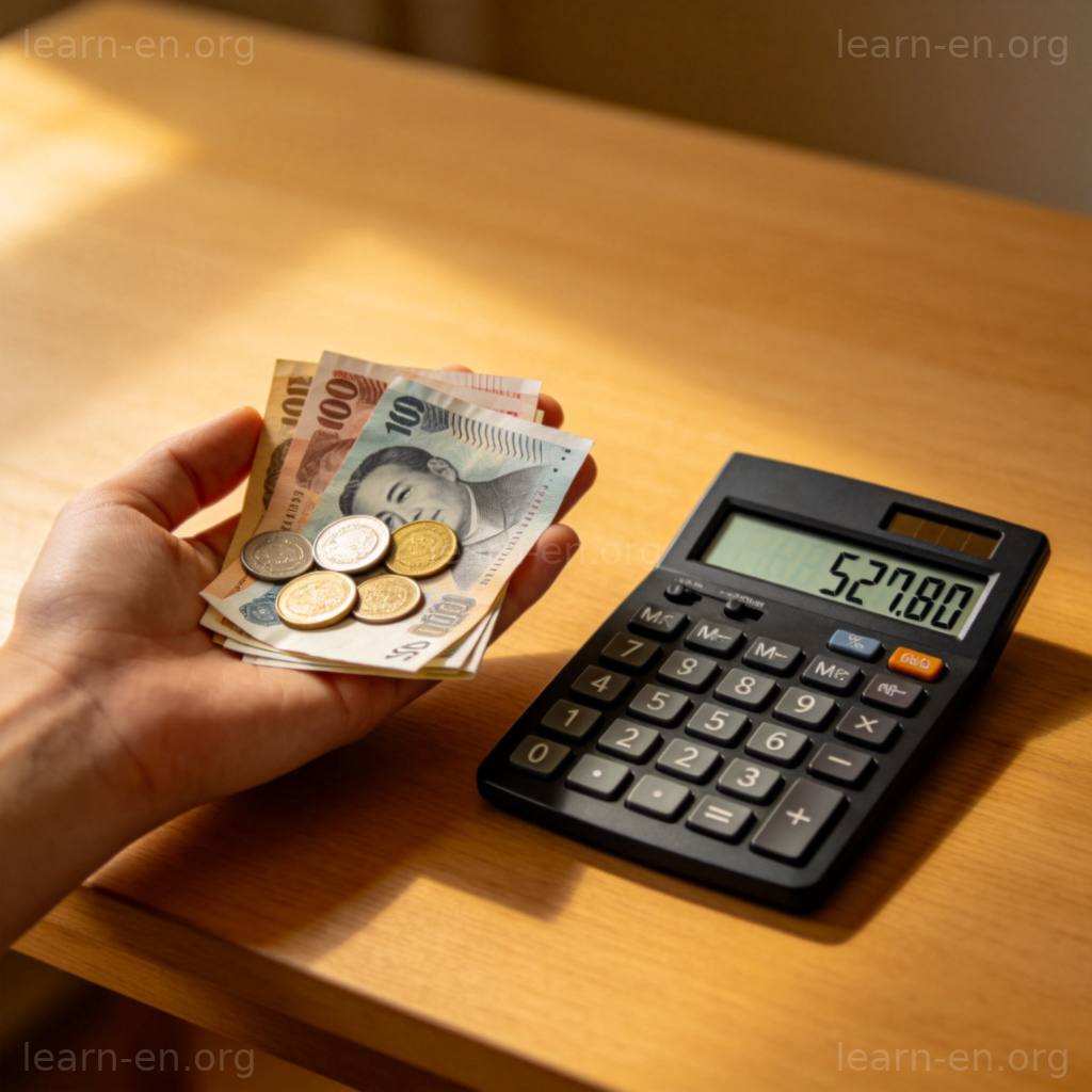 sum 总金额含义图解：手持现金与计算器显示总额