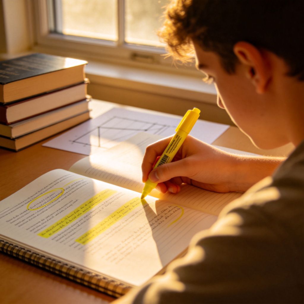 A student sitting at a desk, holding a yellow highlighter pen and circling the main points on a page of a notebook. A stack of books and a simple chart are visible in the background. Sunlight coming from a window, focus on the highlighted text and the hand. No text in the image.