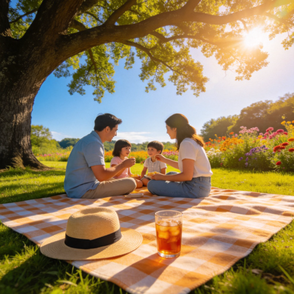 A bright and sunny scene at a park. A family is having a picnic on a checkered blanket under the shade of a large tree. A sunhat and a glass of iced tea are on the blanket. In the background, vibrant green grass and colorful flowers are bathed in sunlight under a clear blue sky. No text.