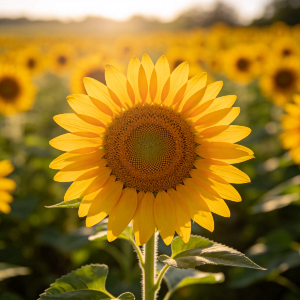 A close-up, symbolic shot of a single, vibrant sunflower in full bloom under bright sunlight, facing upwards with energy. The petals are wide open and perfect, representing peak condition. The background is softly blurred with a field of similar flowers, emphasizing the central bloom's prime state. No text.