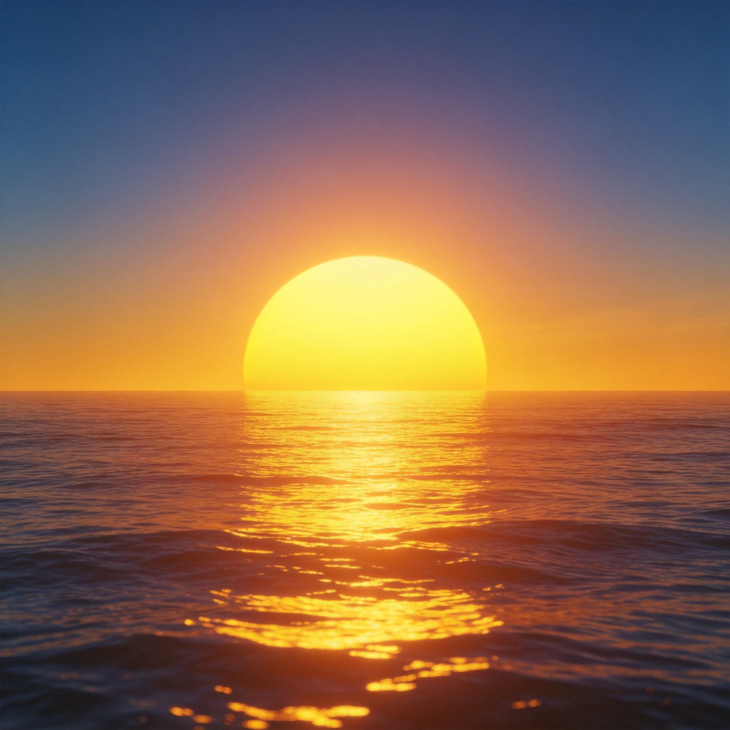 A clear photograph of a bright, yellow sun rising over a calm horizon, casting golden light across the sky and ocean. The sun is large and distinct, with no text or filters. Photorealistic style, serene atmosphere.