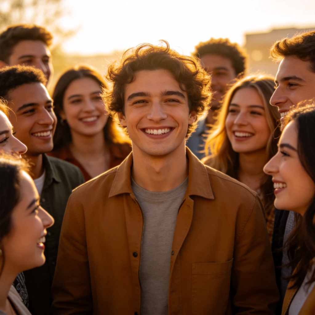 A person smiling brightly, standing in the center of a diverse group of happy people. They are all looking at the central person, who appears warm and welcoming. The background is slightly blurred to focus on the group's positive interaction, with soft, natural lighting.