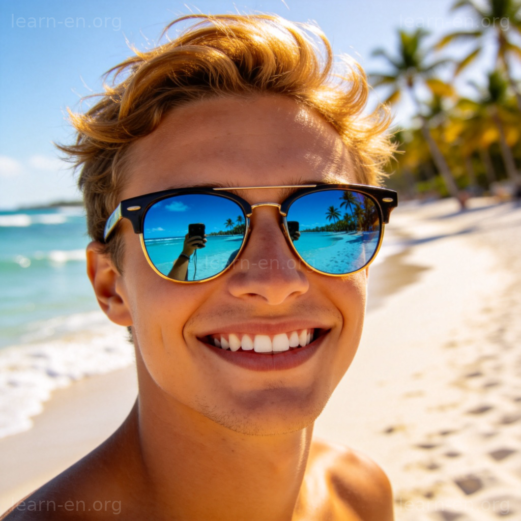 Stylish sunglasses reflecting blue sky on sunny beach