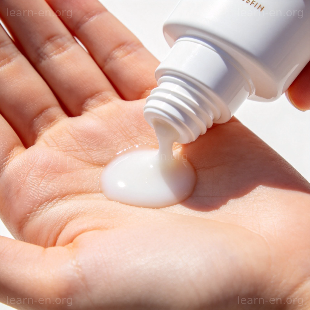 Sunscreen Lotion 防晒霜图解：手挤白色乳液，背景阳光明媚