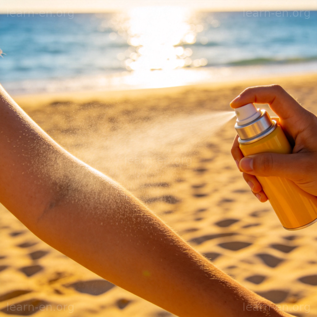 Sunscreen Spray 防晒喷雾图解：海滩阳光下向手臂喷洒防晒喷雾