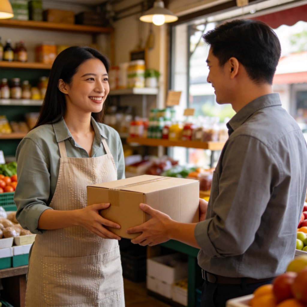 A smiling businessperson in a casual shirt, handing over a cardboard box labeled 'Fresh Produce' to another person in an apron, possibly in a small shop or market setting. Focus on the handover action and the box. Natural indoor lighting, clear and realistic style. No text or logos on the box.
