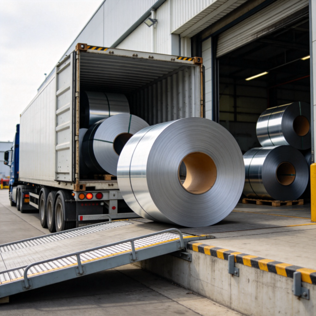 A large industrial truck unloading rolls of metal or fabric onto the loading dock of a factory warehouse. The focus is on the material being transferred from the truck (supplier) to the warehouse. Daylight, realistic photograph style. No people's faces need to be clear, and no text.