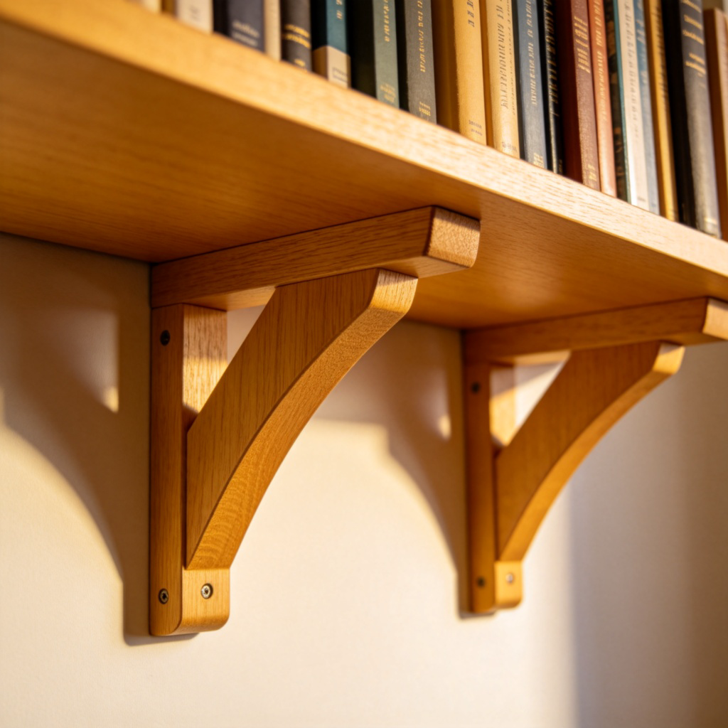 A close-up view of sturdy wooden bookshelf brackets firmly holding up a shelf full of heavy books. The brackets are clearly visible under the shelf, showing their load-bearing role. Clean, simple background with natural light. No text.