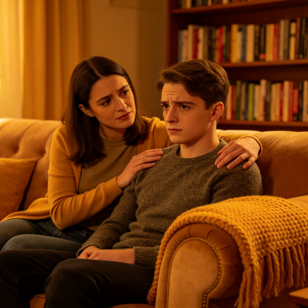 A person putting a comforting hand on the shoulder of a friend who looks slightly worried or thoughtful, as if offering encouragement. Warm, friendly atmosphere in a cozy living room. Focus on the supportive gesture and facial expressions. No text.