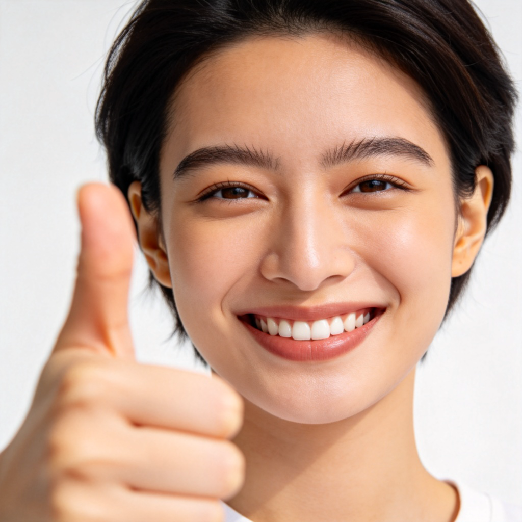A close-up portrait of a smiling person looking directly at the camera with a confident expression, giving a firm thumbs-up gesture. Clean background, bright and clear lighting. The focus is on the person's face and hand, conveying a sense of certainty and positivity. No text or logos.