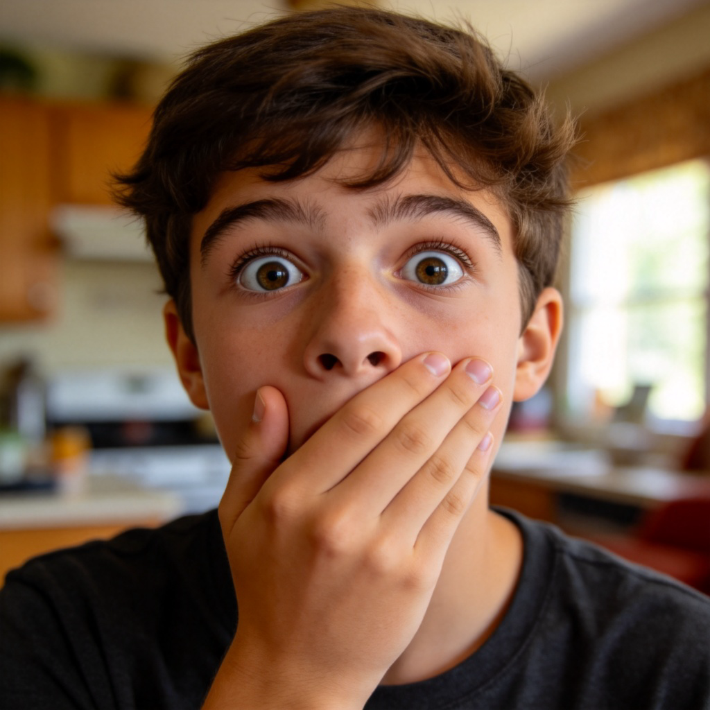 A close-up photo of a young person's face showing a look of complete shock and disbelief, with eyes wide open and hand covering their mouth. They are indoors, perhaps in a kitchen or living room, having just received surprising news. The focus is entirely on their expressive reaction. Natural lighting, clear and detailed.