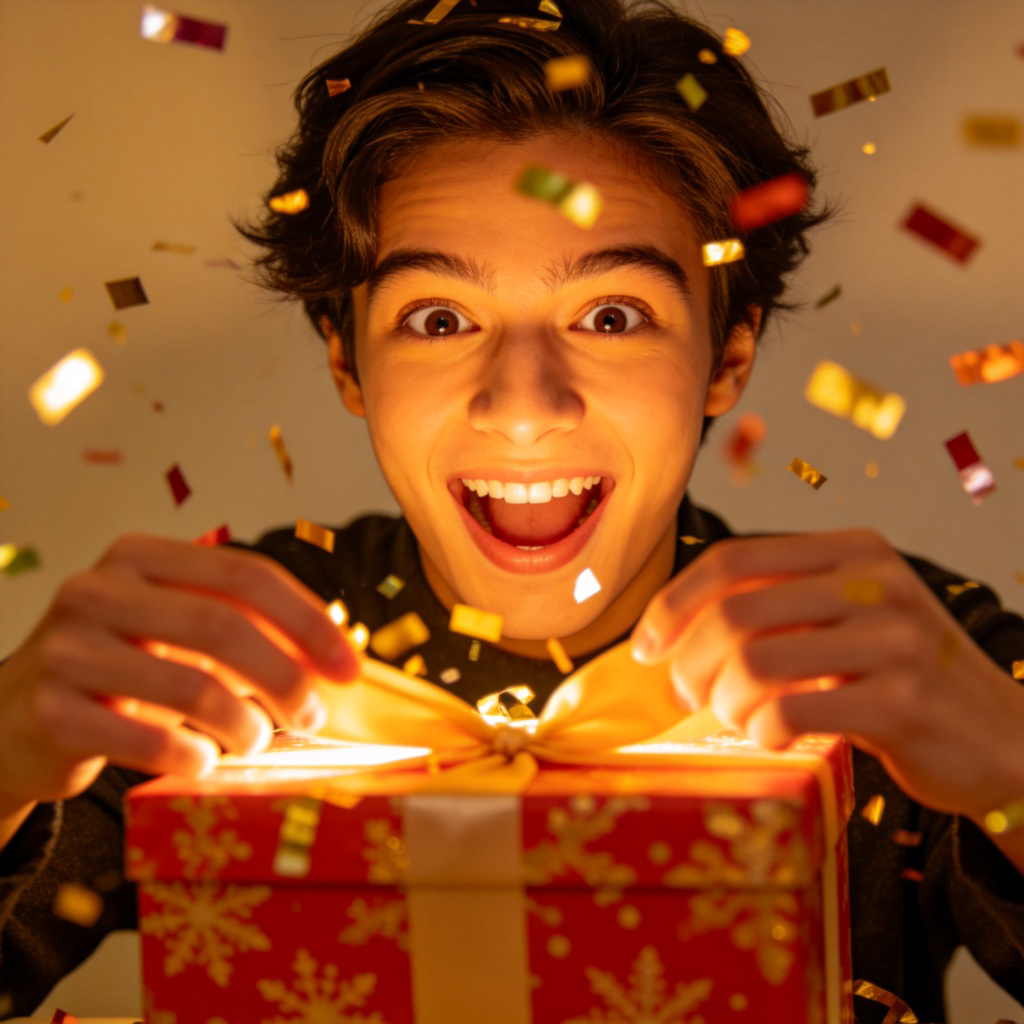 A person opening a brightly wrapped gift box with a look of delight and wide eyes. Confetti is falling gently in the air around them. Warm, cheerful lighting, close-up on the person's face and hands. Plain background, no text.