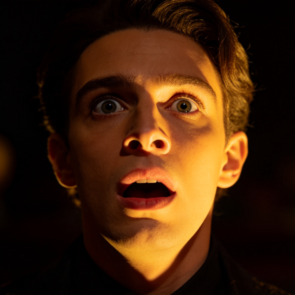 A close-up of a person's face in a theater, reacting to a magic trick on stage. Their mouth is slightly open in shock, and their eyes are wide. Dramatic stage lighting highlights their expression. Dark background, no text.