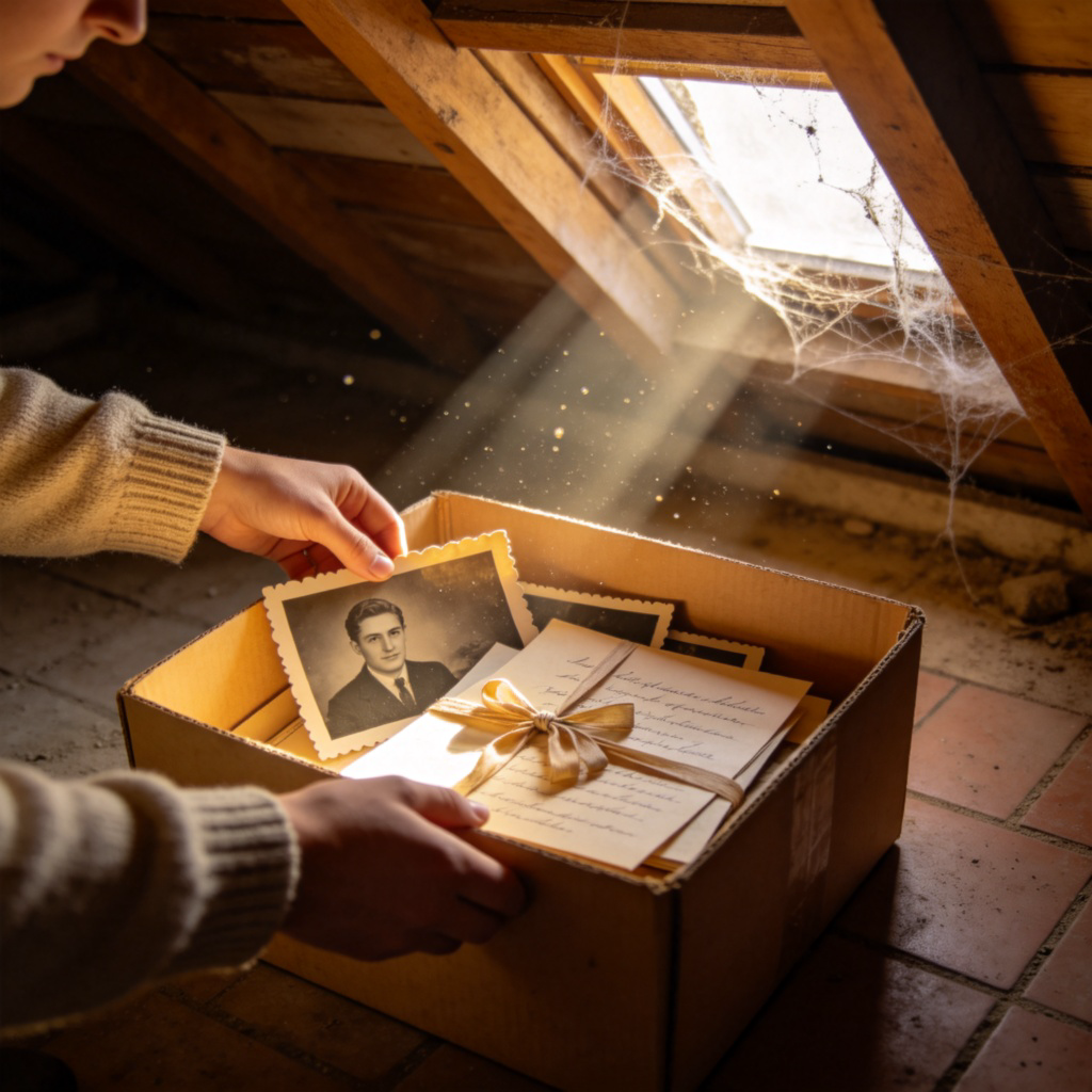 A person gently opening an old cardboard box in a dusty attic. Inside the box are vintage photographs and letters. A beam of sunlight from a small window illuminates the discovery. Cozy, nostalgic atmosphere. No text.