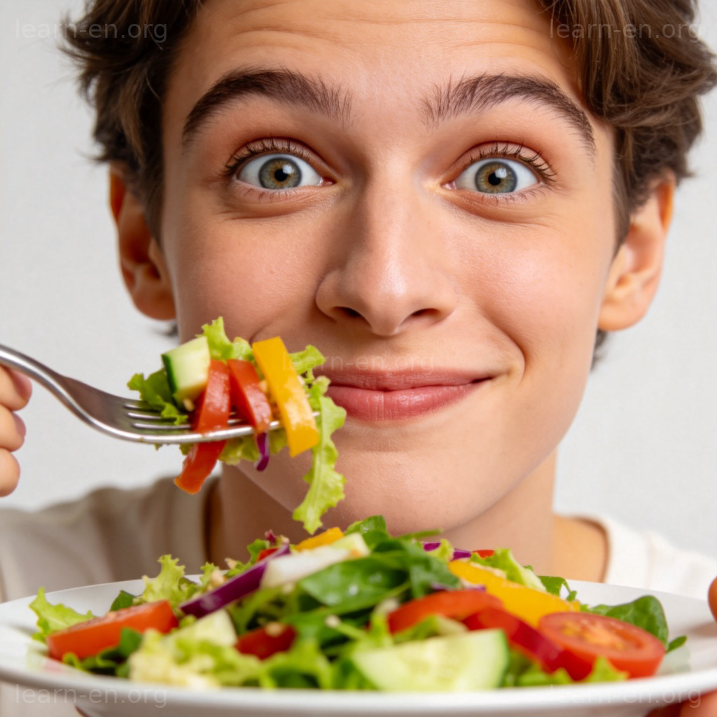 surprisingly 出奇地含义图解：品尝健康沙拉惊喜表情