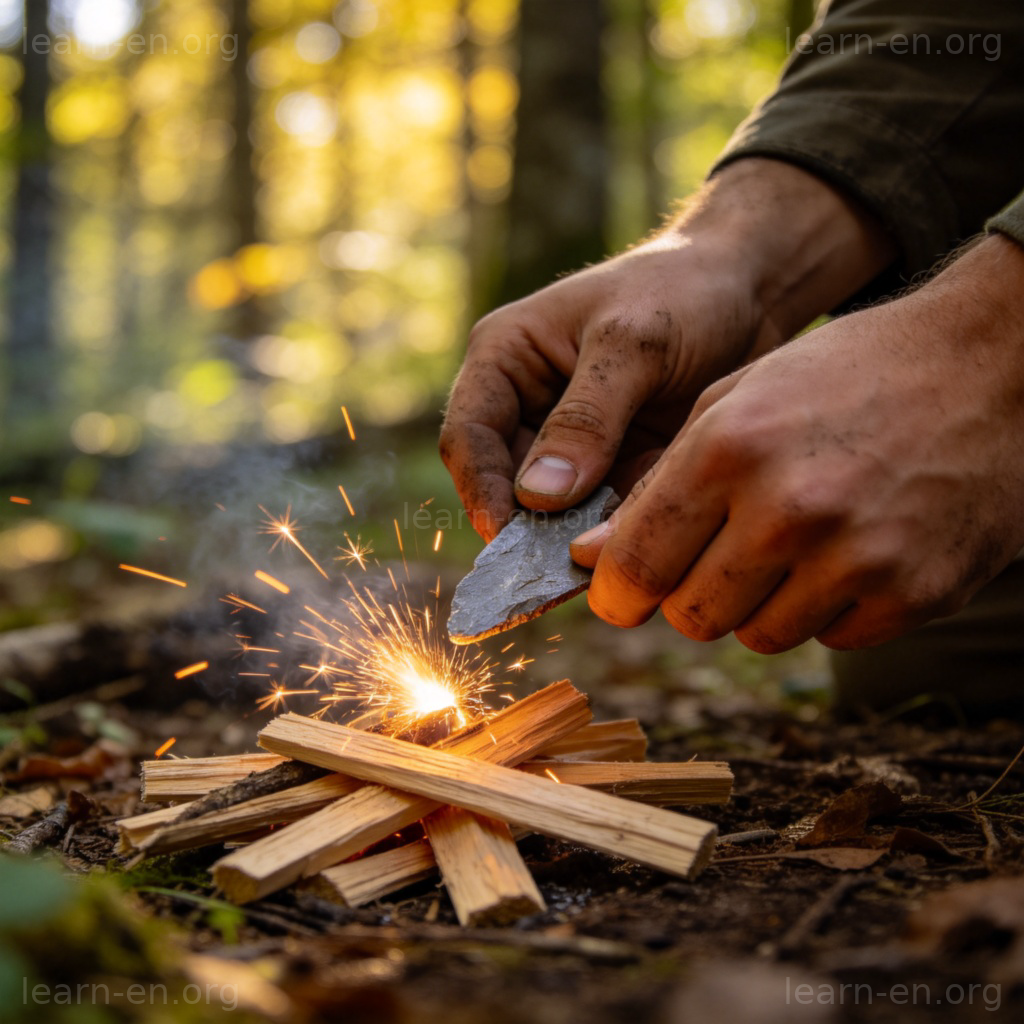 survival 生存含义图解：野外求生时双手钻木取火的场景