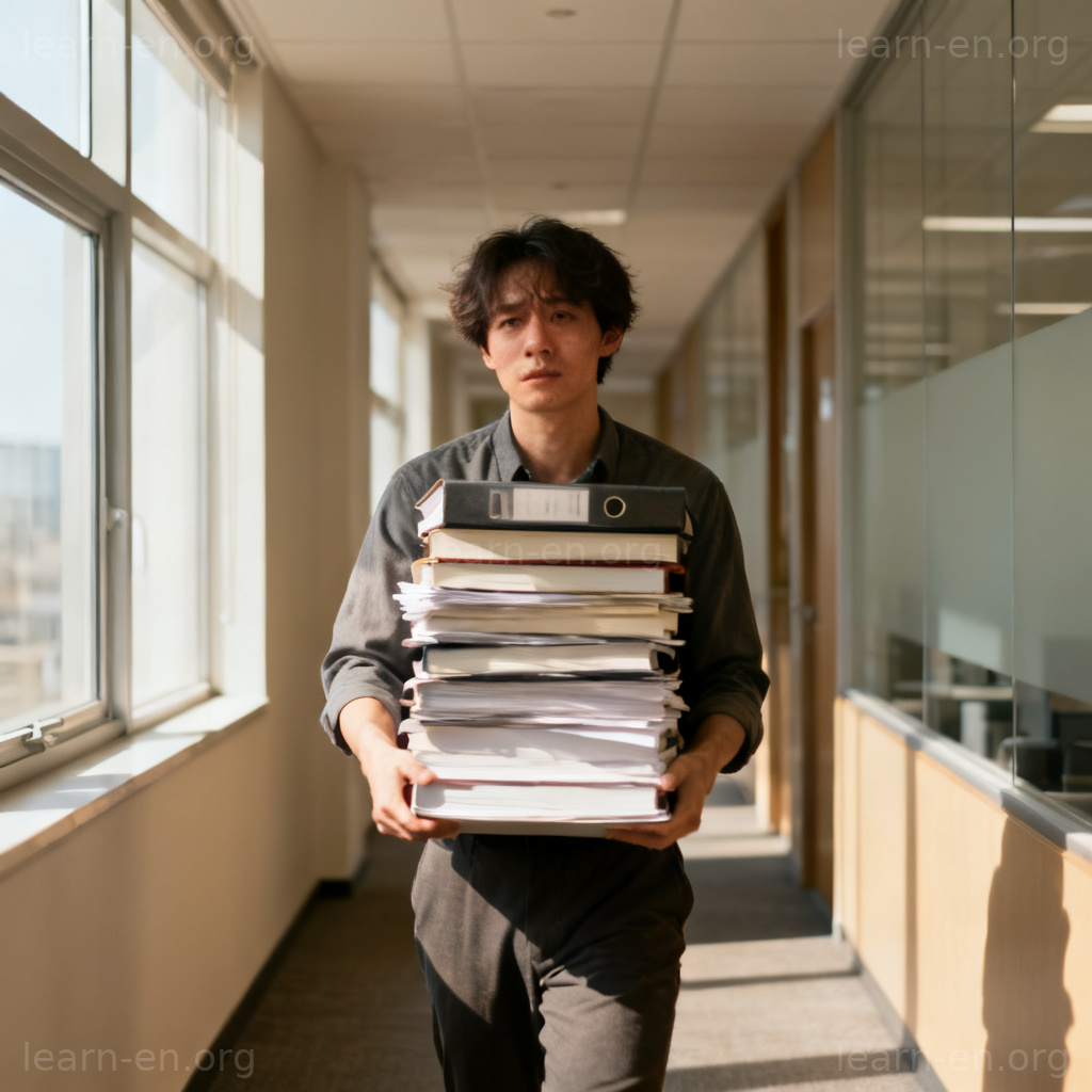 Sustainable workload depicted by a person calmly carrying a manageable stack of books.