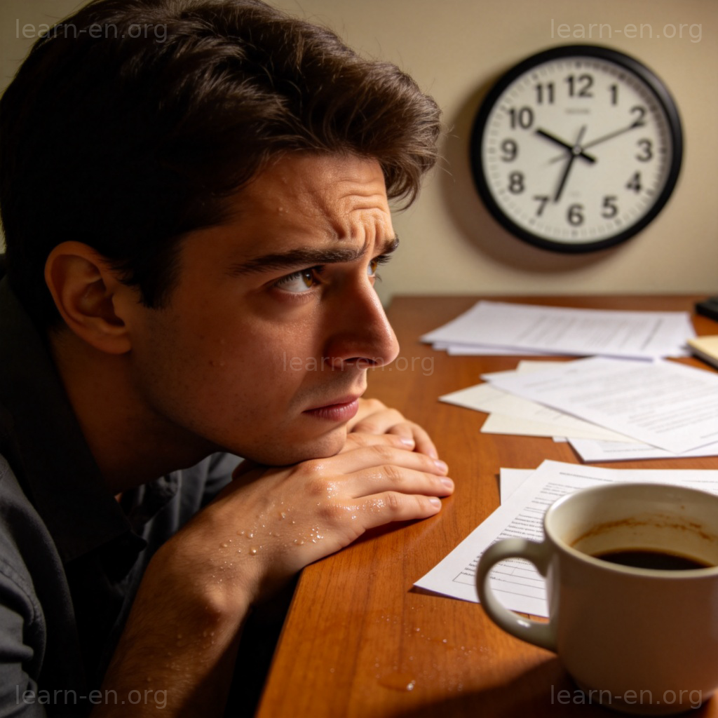 Sweating 紧张含义图解：办公桌前焦虑看时钟的人
