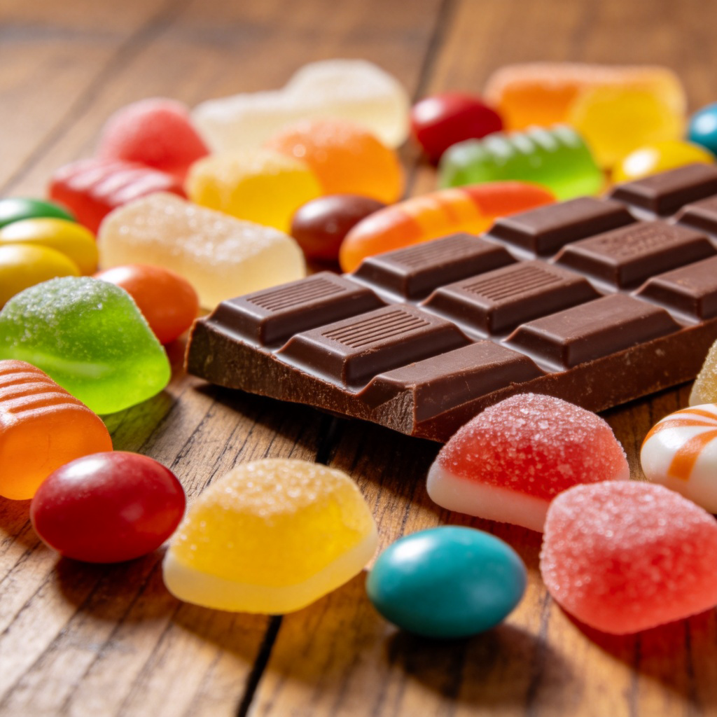A close-up of assorted colorful candies, gummies, and a piece of chocolate arranged on a wooden table. The candies are glossy and look juicy, with soft natural lighting highlighting their sweetness. No text.