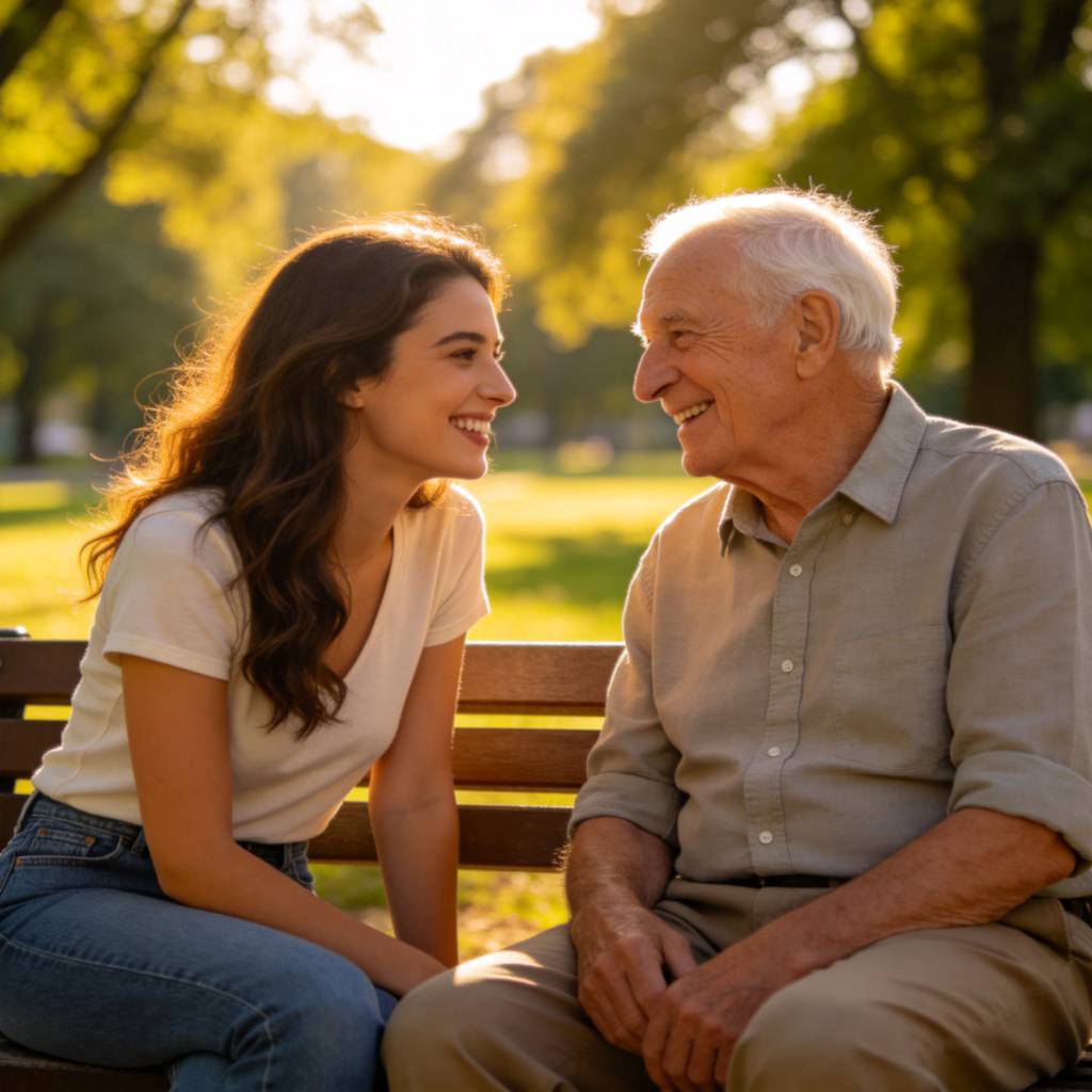 Two people, a young woman and an elderly man, smiling warmly at each other while having a friendly conversation on a park bench. They are leaning in slightly, showing kindness and connection. Sunny day, green trees in background. No text.